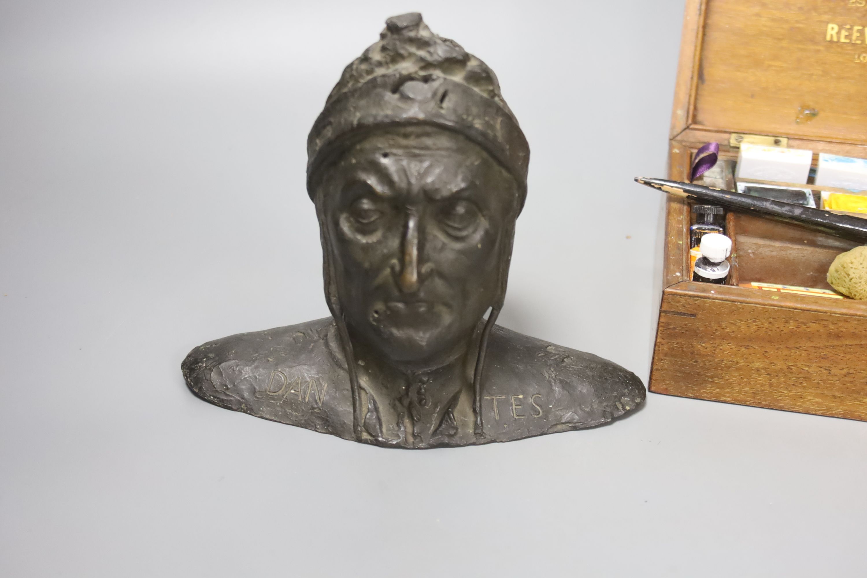 A Reeves & Sons mahogany paint box and a bronze portrait bust, Dante